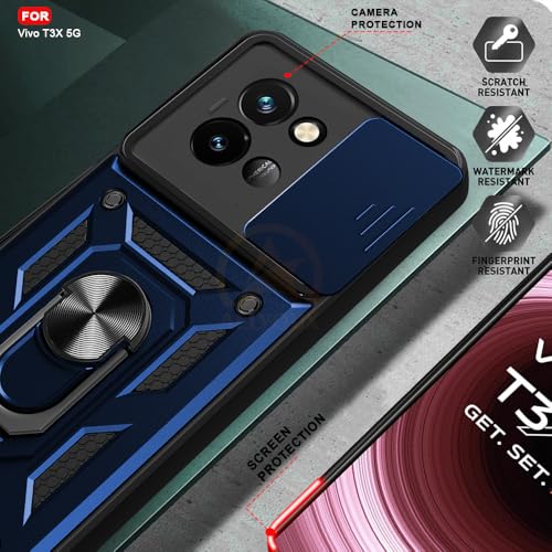 Image of Armor Bumper Back Cover Case for Vivo T3X 5G Rotating Camera Cover, Ring Holder & Kickstand | Heavy Duty & 360 Degree Protection Vivo T3X 5G Back Cover (Blue)