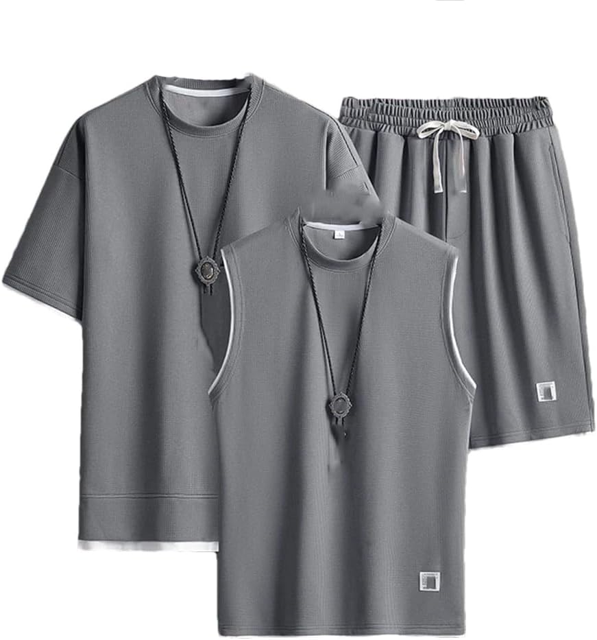 Men's Tracksuits 3 Piece Men Waffle Pattern Shorts Set Summer Tracksuit Fashion Clothing Loose Fit Sweatsuit