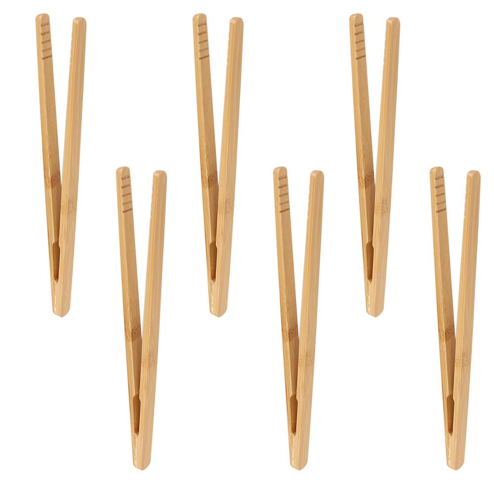 Azlanway Bamboo Barbecue Tongs, Pack of 6 Bamboo Tongs, Toast, Barbecue Tongs, Wood, 17.8 cm, Small, Buffet Tongs for BBQ, Kitchen Tongs for Cheese, Bacon, Muffins, Fruit, Bread