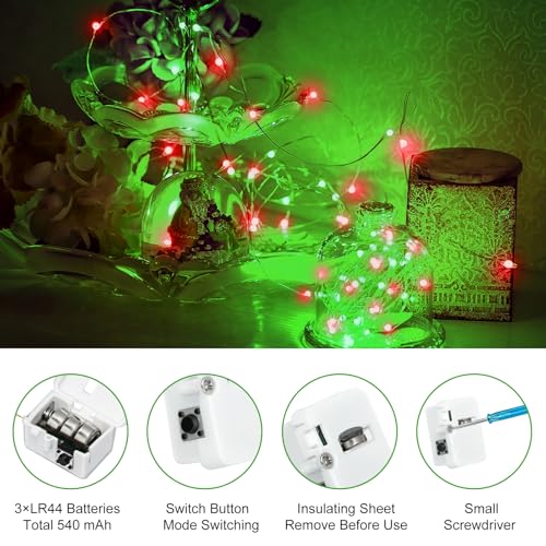 Image of btfarm 12 Pack Fairy Lights Battery Operated [3 Modes], 7ft 20 Led Twinkle Lights String Lights Waterproof Bulk Small Mini Silver Wire for Christmas Mason Jars Wedding Table Centerpiece, Red Green