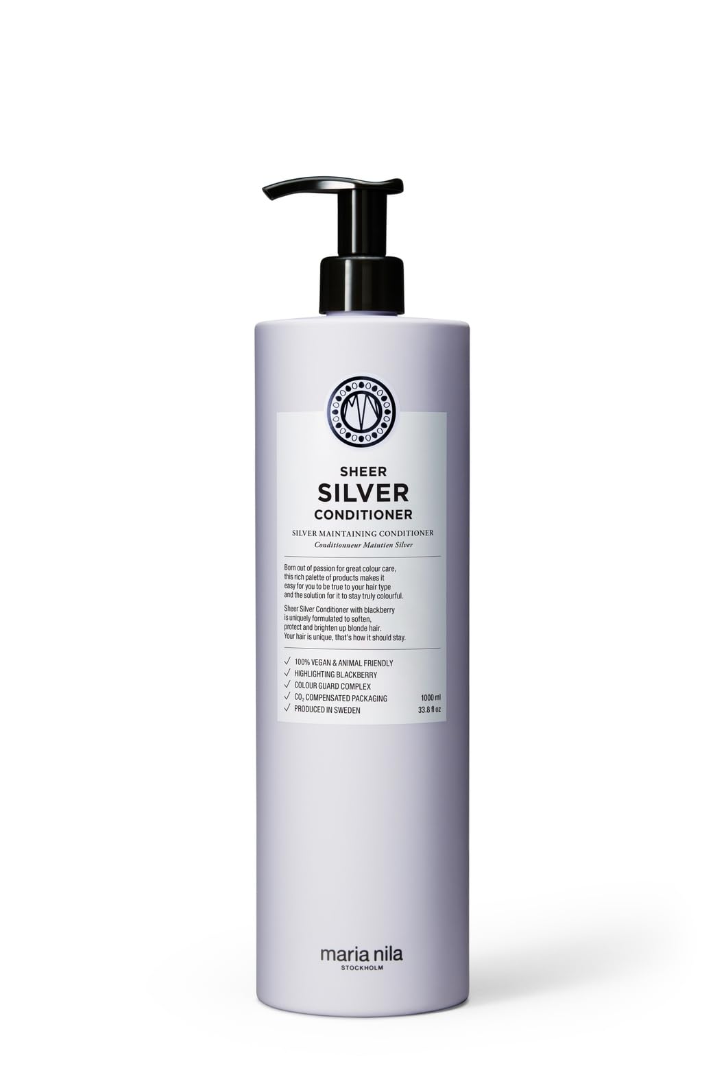 Maria Nila Sheer Silver, Après-Shampooing Argent/Violet, Neutralise les Reflets Jaunes/Dorés Indésirables des Cheveux Blonds, Blancs et Gris, les Pigments Violets Apportent des Tons Froids