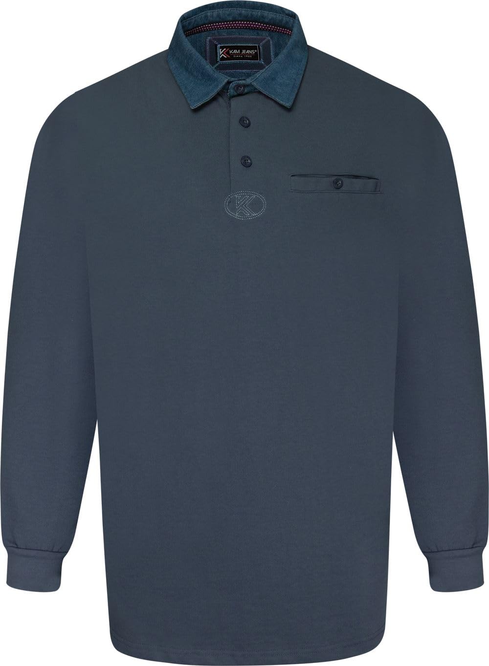 Kam Men's Blue Jeanswear Long Sleeve Denim Collar Rugby Polo Shirt - 6XL