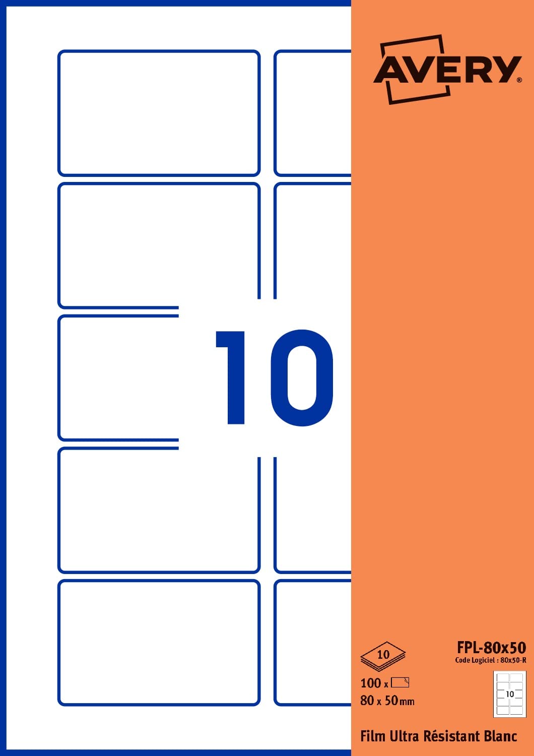 Avery - Pack of 100 Rectangular Self-Adhesive Labels, White Polyester Film, Size 80 x 50 mm, Customizable and Printable Laser and Copier (FPL-80X50.Fr)