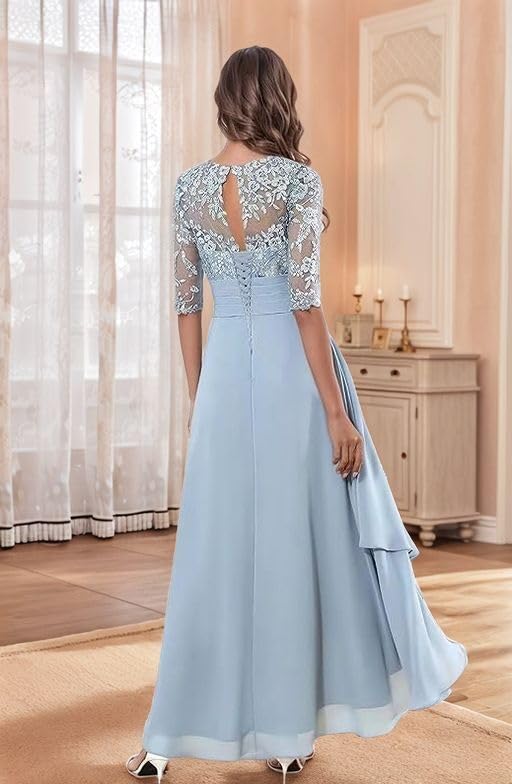 Lace Applique Mother of The Bride Dresses Ruffles Half Sleeve Formal Dress A-Line Long Chiffon Evening Party Gown2