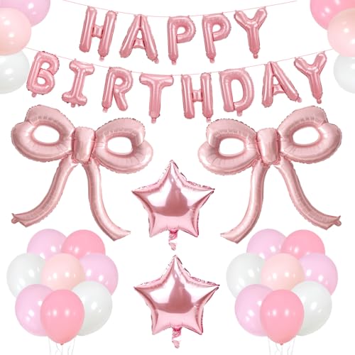 Image of Bow Party Decorations Pink Happy Birthday Balloons Banner Pink Birthday Decorations Bow Balloons for Women Girls Birthday Decor Party Supplies