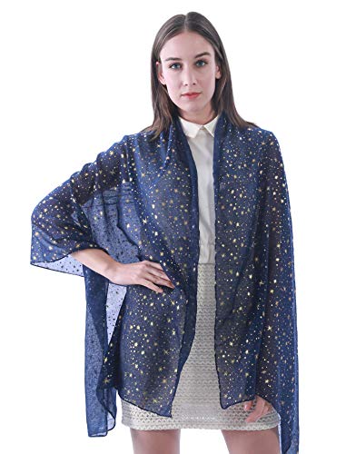 Lina & Lily Silver Gold Glitters Shimmer Foil Stars Women Scarf Shawl Wrap (Navy Blue (Gold Stars)) #TOP3