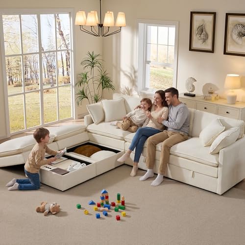 Image of Ihanherry 103 inch Modular Sectional Sofa with Storage, U Shaped Cloud Couch with Movable Ottomans & 4 Pillows, Chenille Deep Seat Sectional Couches for Living Room, Apartment (Beige)