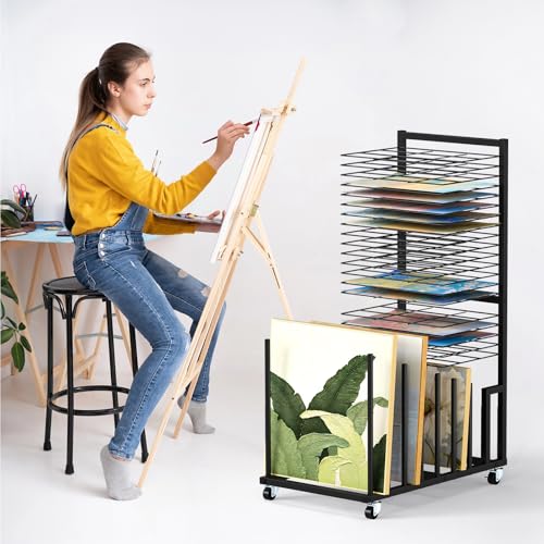 Image of mopam Art Drying Rack Paint Drying Rack with 20 Removable Shelves and 8 Canvas Columns Metal Art Storage Rack with Lockable Wheels for Classroom, Art Studios and Schools 38.2x25.6x15.8 in