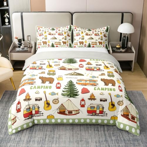 Erosebridal 100% Cotton Camping Bedding Set - Glamping Tent Comforter Cover, Woodland Bear Duvet, Lodge Cabin Cottage Camfire Full Bed Set, Camper Must Haves, Camping Decor