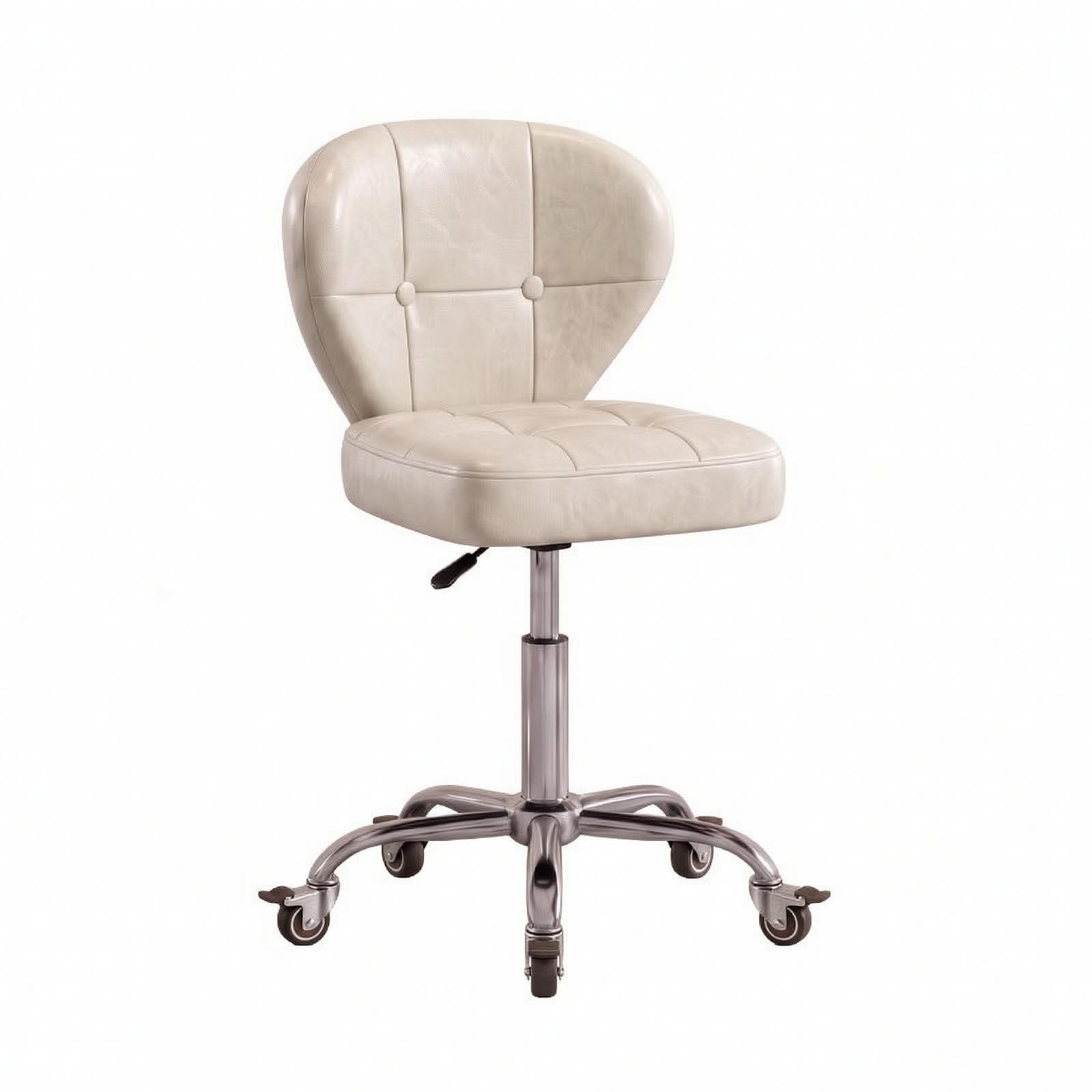 Poltrona Girevole per Salone con Rivestimento in Pelle Imbottitura Spessa Pistone Pneumatico Rotazione 360 Gradi Base a Cinque Raggi con Ruote per, Ruote Gommate Con Freno, Bianco, Senza Poggiapiedi