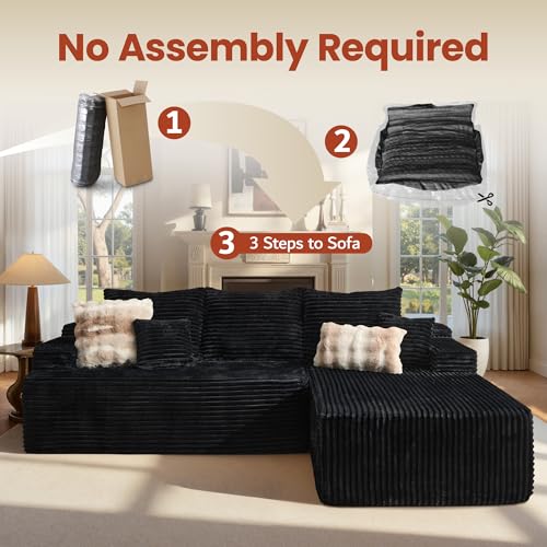 Image of ovios 96 inch Cloud Sectional Couch with L-Shape Chaise,Modern Modular Sofa with Deep Seat, Upholstered Couches for Living Room Bedroom,No Assembly Required, Black (Plush Corduroy Fabric)