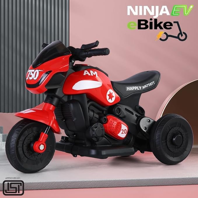 Image of Ninja Ev Kids Battery Operated Bike Rechargeable Ride on for Boys and Girls with Music and Lights, Forward and Backward Gear, Built in MP3 Player Baby Bike with USB Port (RED)
