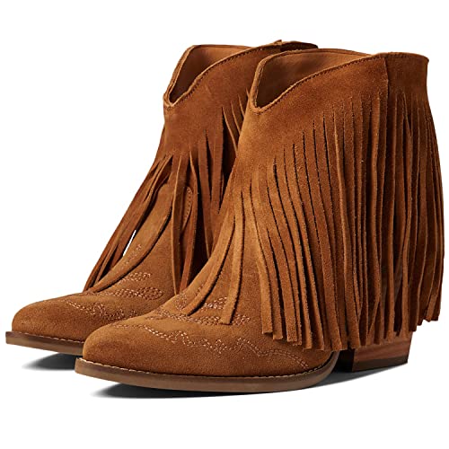 MOOMMO Women Tassel Western Booties Chunky Block Heel Suede Cowboy Ankle Boots Fringe Pointed Closed Toe V-Cut Stacked Heel Slip On Short Boots Cowgirl Embroidered Retro Vintage 4-11 M US