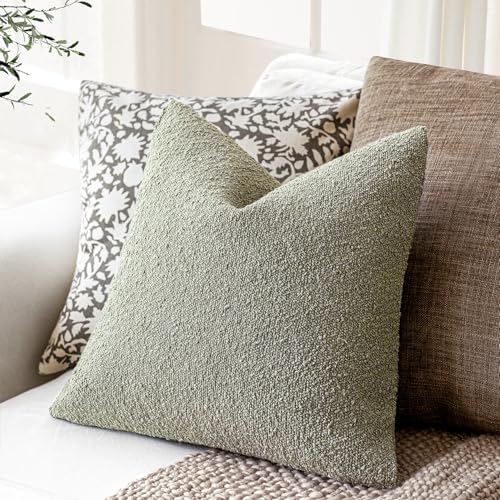 Image of Foindtower Set of 2, Decorative Textured Boucle Throw Pillow Covers Accent Solid Pillow Cases Neutral Soft Couch Cushion Case for Chair Sofa Bedroom Living Room Home Decor 24x24Inch Dirty Sage Green