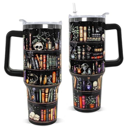 Nqhsionv Book Lovers Gifts 40oz Book Lover Tumbler Halloween Goth Skull Bookshelf Coffee Travel Mugs Christmas Insulated Cup Gifts for Women Readers,Reading,Bookish,Librarian