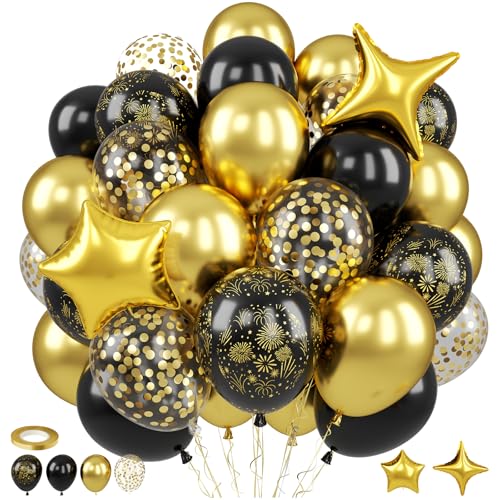 Image of Black and Gold Balloons, Black Gold Fireworks Printed Balloons, Confetti Balloon 4 And 5 point Star Foil Balloon For New Year Graduation Birthday Baby Shower Party Wedding Celebration Retirement Decor