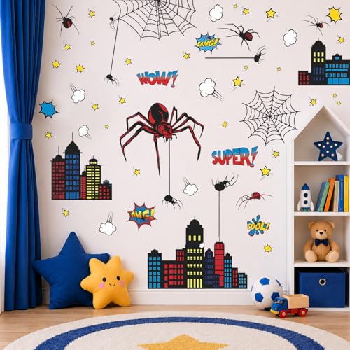 Superhero Wall Decor Hero City Building Stars Stickers for Kids Boys 70 Piece UV PVC DIY Removable Reusable Cartoon Stickers for Toddler Nursery Bedroom Playroom