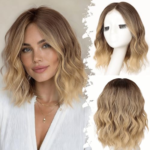 Image of Eawwii Brown to Blonde Short Wavy Wig for Women Lace Hairline Bob Style Synthetic Heat Resistant - Natural Appearance for Everyday Hairstyle 14 Inch