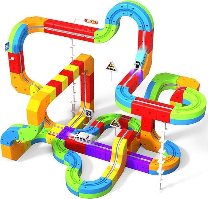 GraceDuck Magnetic Train Set for Kids, 69 Pieces Blocks DIY Building 3D Race Track Kits with Electric Train and Traffic Signs, STEM Car Toy Set for Kids Aged 3 4 5 6 7 8 Year Old Boys Girls Gift Toys