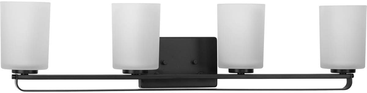 Progress Lighting League Collection 4-Light Etched Glass Modern Farmhouse Bath Vanity Light Matte Black, 7.62x32.5x5.5