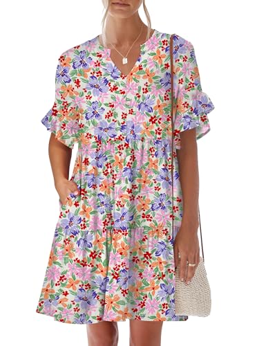Image of ANRABESS Women's Summer Casual Dress, V-Neck Ruffle Sleeve Tiered Mini Dress, Soft Comfy Fabric with Pockets for All-Day Wear