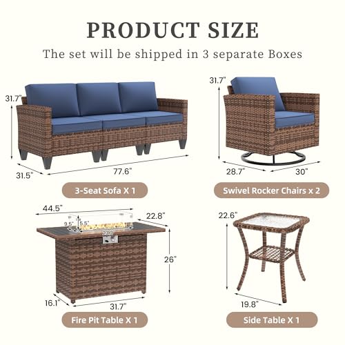 Image of UDPATIO Patio Furniture Set with Fire Pit Table, Rocking Swivel Chairs, 5 Pieces Outdoor Furniture Sets, All-Weather Wicker Outdoor Sectional Sofa with Waterproof Cover, 4'' Thickened Cushion, Navy