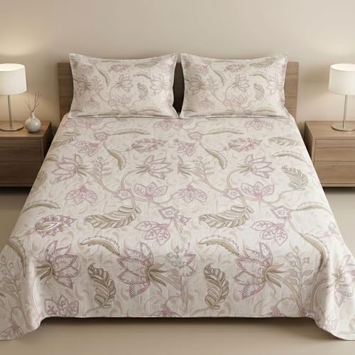 Image of Mafatlal 186 TC Metro Cotton Double Bedsheet | 90 x 100 Inch | Soft Daily Use Bedding with 2 Pillow Covers | Printed Cotton Bedsheet | Peach Blossom