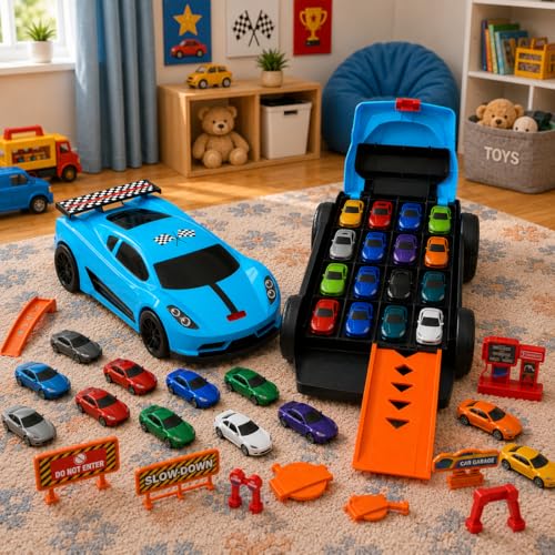Image of Mirana Car-in-Car Garage Toy for Kids | 4 Diecast Metal Alloy Cars Playset | Foldable Storage with Handle | Store Upto 16 Vehicles | Birthday & Diwali Gift for Boys & Girls 18+ Months (Sky Blue)