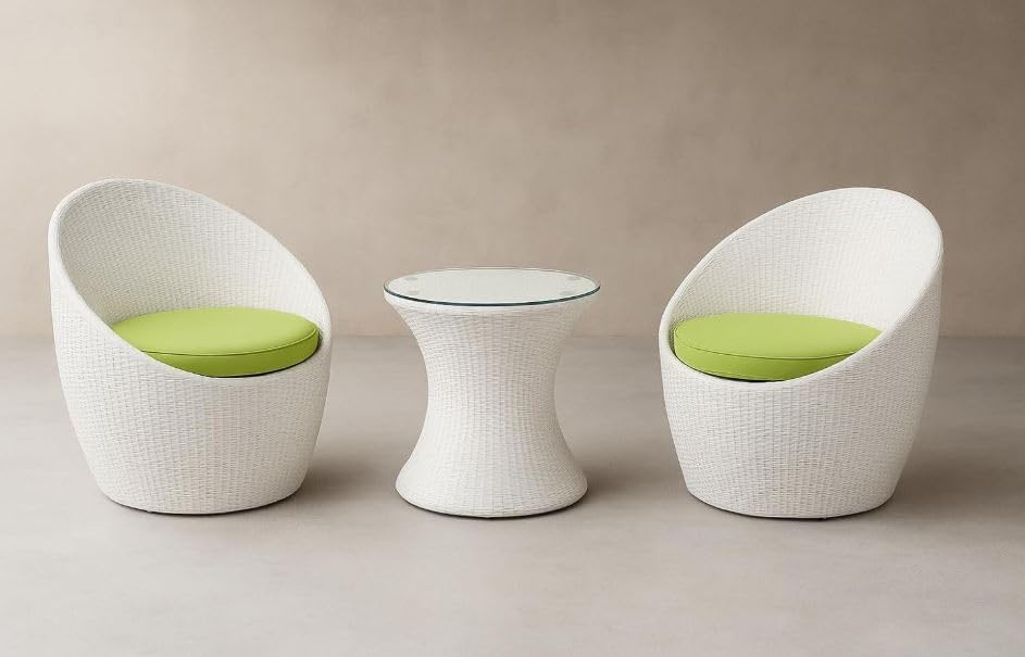Image of India 2+1 Apple Patio Chair & Table Set with Cushion for Indoor Outdoor Seating Garden Balcony Patio Porch Lawn Living Room Coffee Furniture Set (White and Light Green Cushion)
