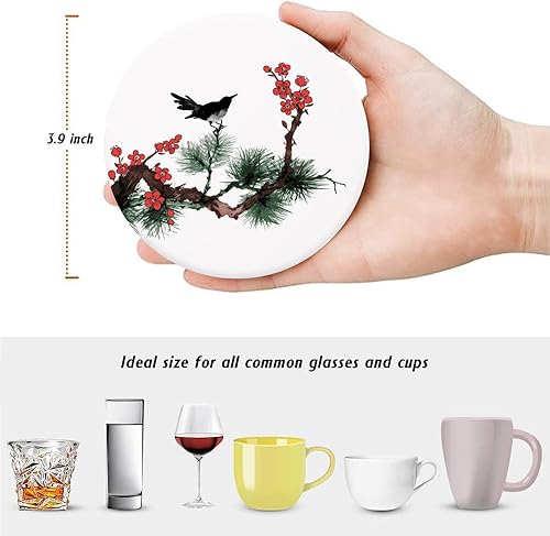 Miniatura 2 de Juego de 6 posavasos para bebidas, diseño tradicional oriental, pintura de tinta oriental, absorbente, redondo, con base de corcho y soporte de