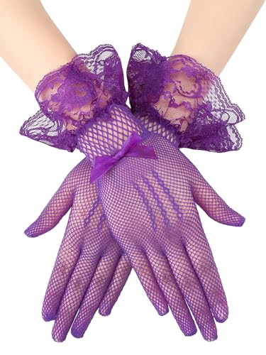 SATINIOR Women Lace Gloves Elegant Short Lace Tea Party Gloves for Women Dinner Party Wedding(Purple Classic Style)