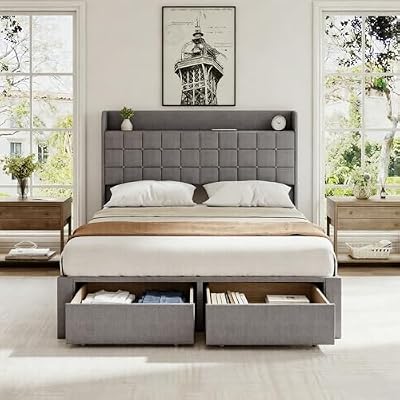 OLIXIS Full Size Bed Frame with Headboard, Upholstere Platform Bedframe with 2 Fabric Underbed Storage Drawers, Mattress Foundation with Wooden Slats Support, No Box Spring Needed/Easy Assembly, Grey