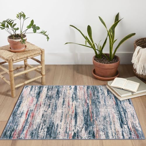 2x3 Teal Blue Peach Gray Multi Modern Abstract Rug for Entryway, Super Soft Small Washable Area Rugs, Non-Slip Low-Pile Mat Carpet for Kitchen, Bedside, Indoor Door Mat