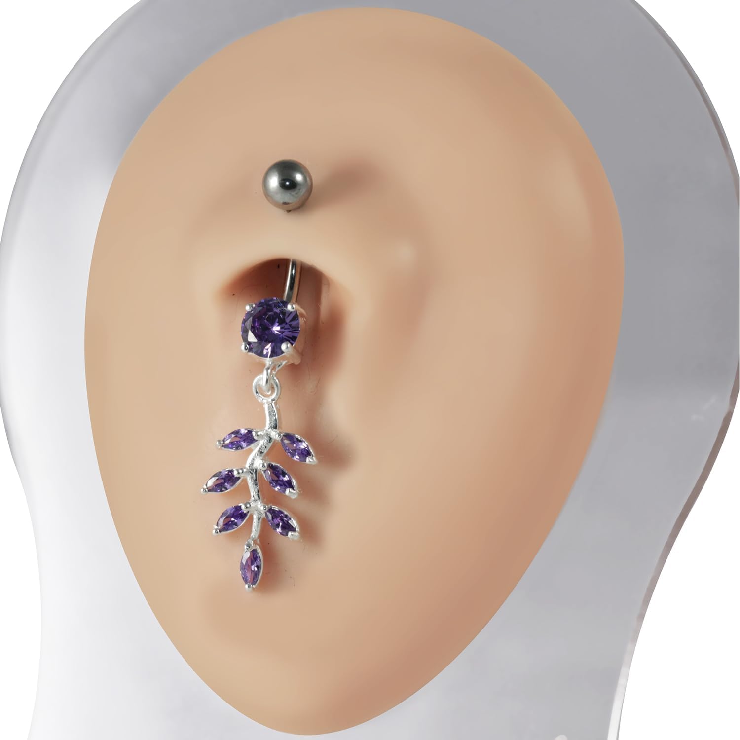 Yellow Gold Plated Round with Leaf Brunch Dangling Design 925 Sterling Silver with 14 Gauge, 10mm Length Stainless Steel Belly Ring - Belly Button jewelry - Navel jewelry