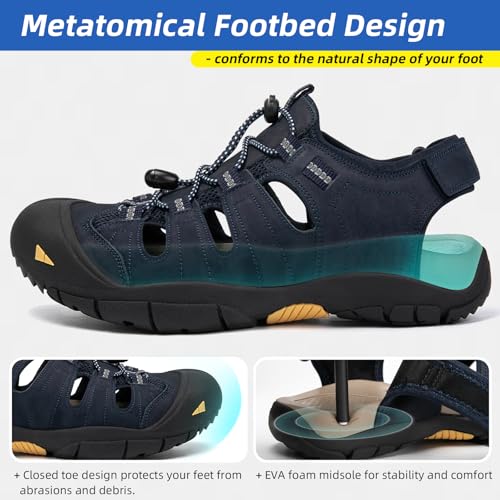 KOIMED Men's Hiking Leather Sandals Closed Toe Water Shoes for Summer Athletic Trail River Fishing Wide Adjustable Waterproof Arch Support Hiking Style-Blue4