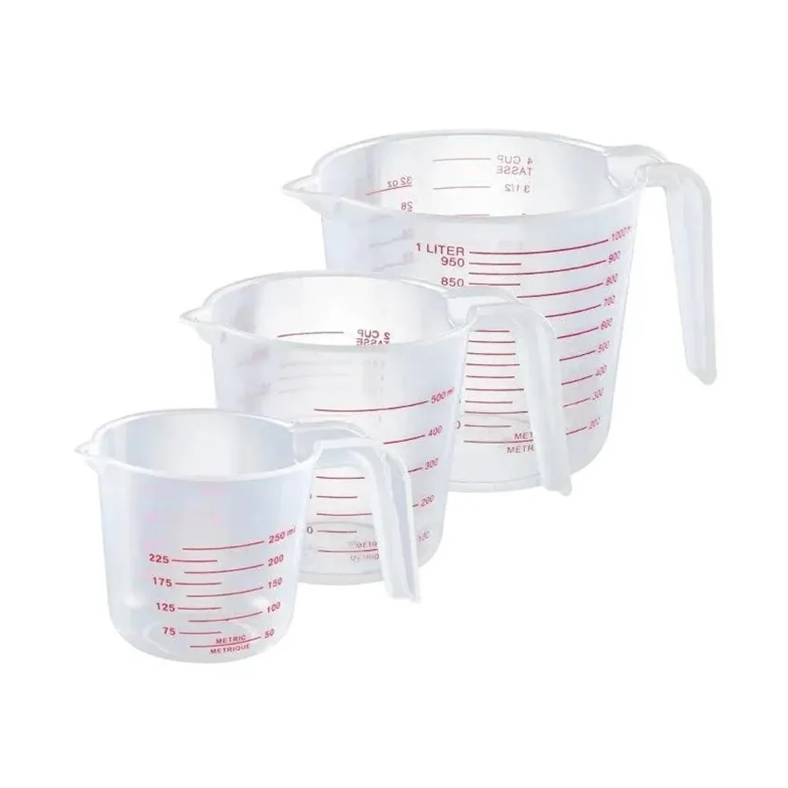 Juego de 3 vasos medidores graduados de plástico transparente de 250-500-1000 ml for cocina, con diseño de asa.