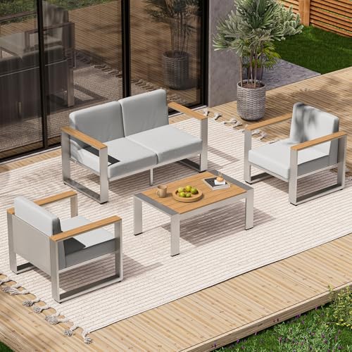 Image of Aluminum Patio Furniture Set, 5 Seats Outdoor Patio Conversation Sets with Ergonomic Seat and Wide Washable Thick Cushions, Modern Outdoor Sectional Furniture for Balcony, Porch