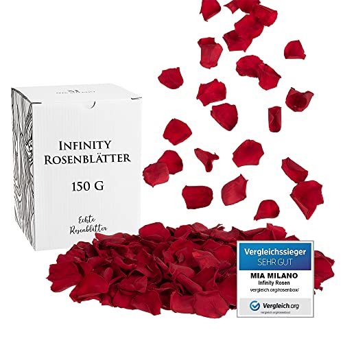 Mia Milano Rosenblätter Rot getrocknet | 150 g Echte Rosenblüten | Konservierte Blütenblätter (5 Jahre haltbar) Romantisches Geschenk für Frauen mit Rosenduft