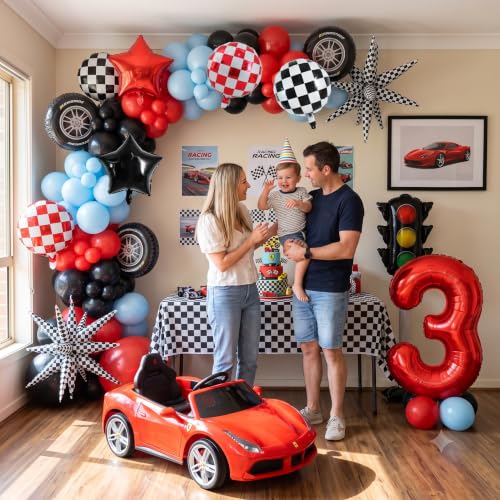 Image of TONIFUL Race Car Party Balloons Set - 40 Inch Red Number 3 Foil Balloon with Checkered Round, Explosion Star & Star Balloons for Boys 3rd Birthday Car Themed Decorations, Photo Backdrop Supplies