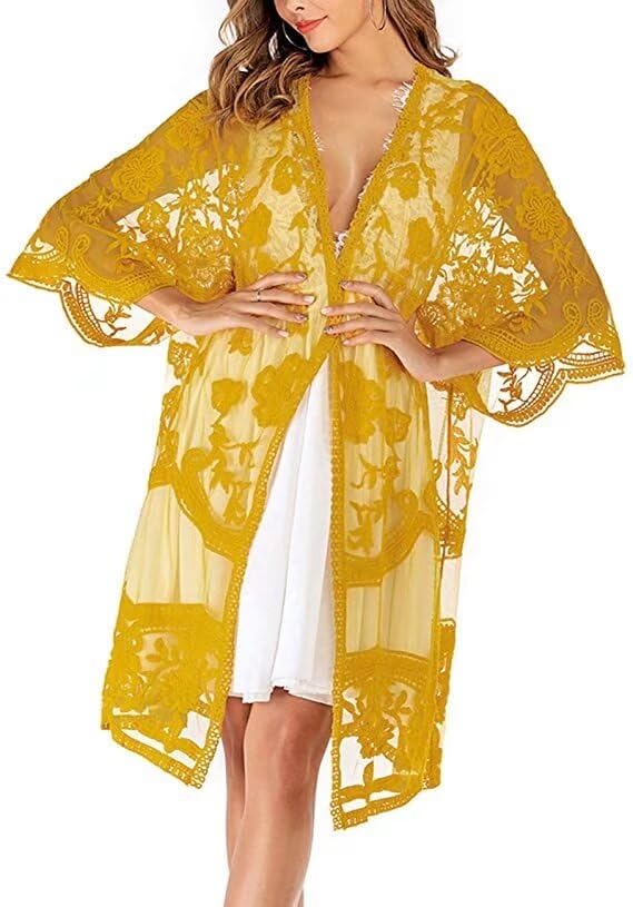 Shuanghao Verano Mujer Encaje Ropa Vestido de Playa Sexy Camisolas y Pareos de Bikini Baño Largo Suelto V Cuello Suave Cómodo Floral Gasa Traje Camiseta Camisa Túnica Girl Coverups