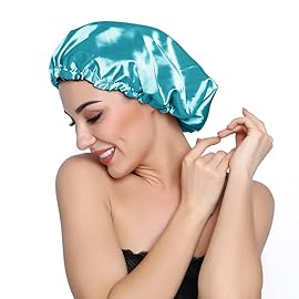 ELIHAIR Stain Bonnet Silky Sleep Cap Adjustable Satin Cap for Night Sleeping Hair Bonnet Reversible Double Layer Peacock Blue/Black