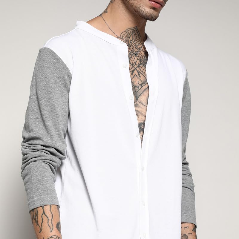 Image of Campus Sutra Men's White & Grey Colourblocked Button Up Regular Fit Regular Fit Shirt for Casual Wear | Cotton Shirt Crafted with Regular Sleeve, Comfort Fit & High-Performance for Everyday Wear