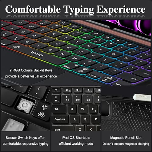 Image of WIWU iPad Pro 13 inch Case with Keyboard M4 /M5 2024 /2025 Magnetic Detachable 3 in 1 Case Bluetooth Keyboard Adjustable Stand 7 Colors Backlit Keys with Trackpad (Black, iPad Pro 13 inch(M4 /M5 2024 /2025))