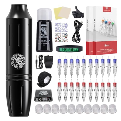 Image of Dragonahwk Complete Tattoo Pen Kit Rotary Atom M1 Machine Power Supply 20Pcs Cartridges Needles Foot Pedal