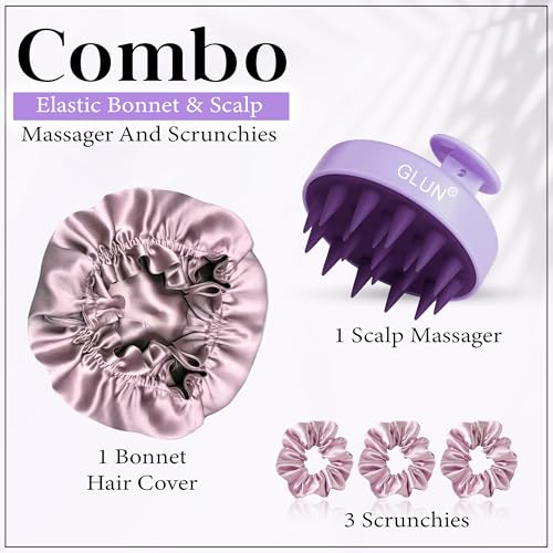 Image of GLUN Anti-Dandruff Round Scalp Massager with Elastic Closing Rose Pink Hair Bonnet Cap with 3 Satin Scrunchies Combo, Bonnet Cap Prevents from Breakage, Ideal for Curly & Natural Hair