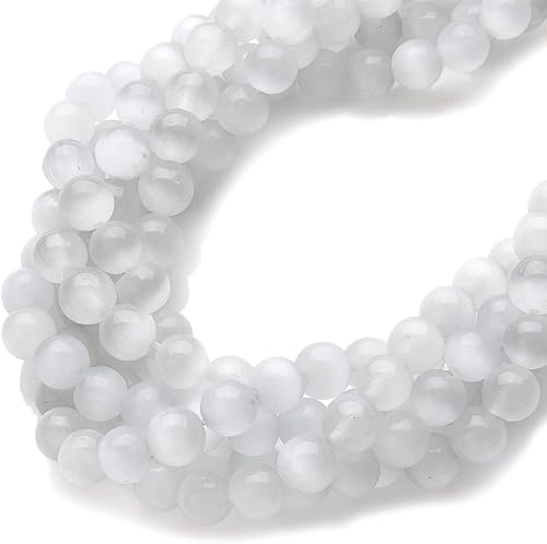 Miniatura 4 de Zenkeeper 90-100PCS 8mm Natural Smooth White Cat Eye Beads Round Loose Gemstone Stone Beads for Jewerly Making with Crystal Stretch Cord