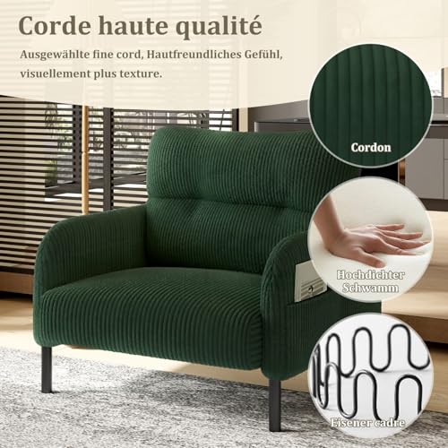 Fauteuil 1 Place Velours Côtelé avec Poche, KOMHTOM