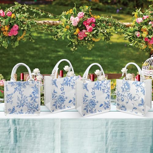 Bolsa tote de arpillera floral azul y blanca con asas miniatura 3