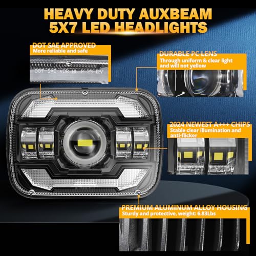 Image of Auxbeam 12000LM Bright 5x7 In Headlights, 7x6 Led Headlights with DRL Turn Signal High Low Beam, Compatible with Jeep Cherokee XJ Wrangler YJ Ford Chevrolet, H6054 H5054 Headlights DOT Approved, Black