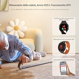 Audar E2 Monitor Salute Smartwatch, Bracciale Salvavita Anziani per Cadut e SOS GPS Allarme, 24/7 Battito,Pressione,SpO2,Temperatura, Report Benessere IA, Dati Tramite Piattaforma Cloud IoT,Senza App